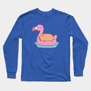 Cute Capybara Chilling And Relaxing On Flamingo Pool Float Long Sleeve T-Shirt